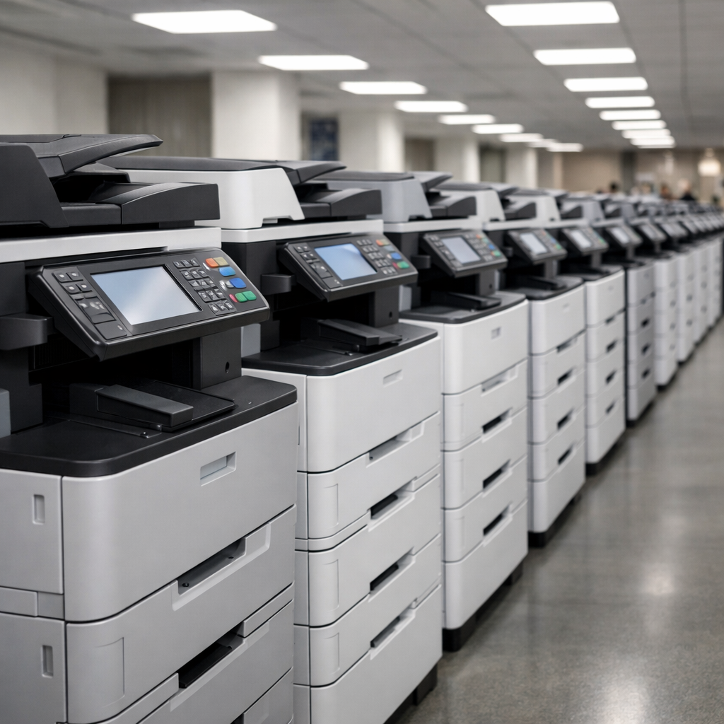 Multiple modern office printers lined up in a row